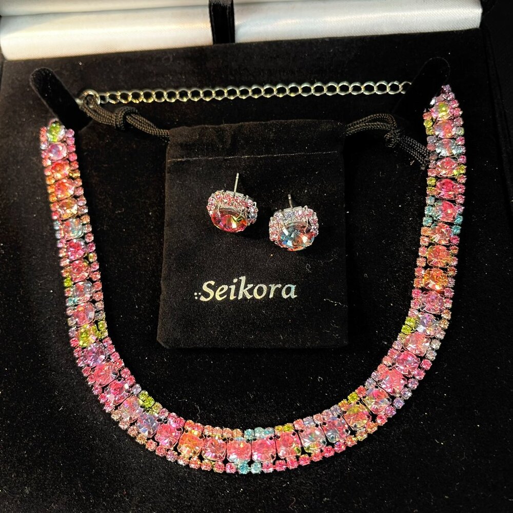 Choker Necklace Earrings Jewelry Set Zirconia Spark Multi color with Gift Box